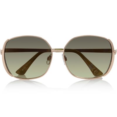 Khaki square diamante detail sunglasses